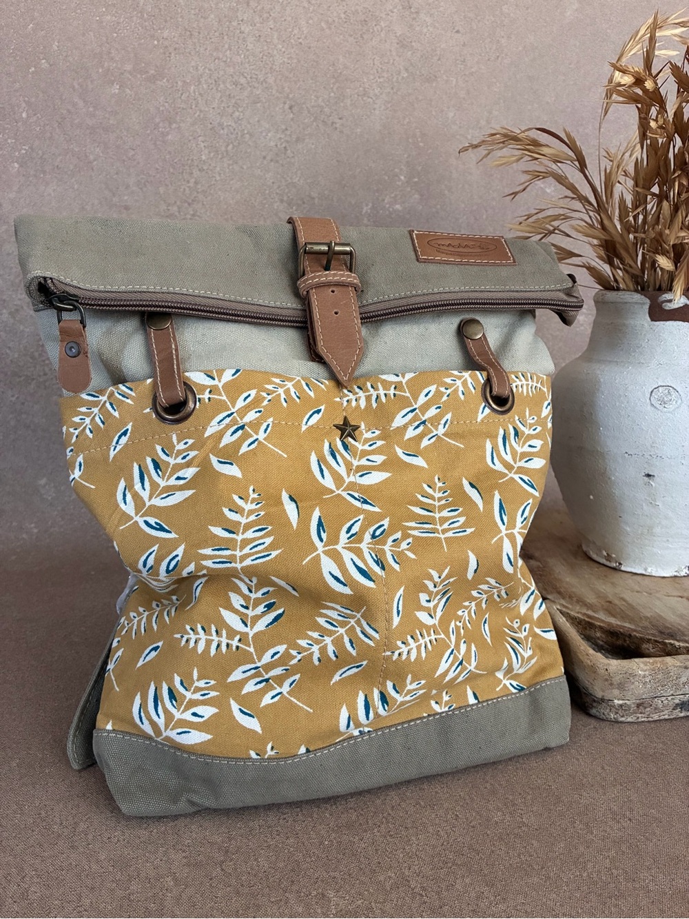 NWT Mustard Colored Leaf Print Canvas Roll-Top Backpack From France 🇫🇷 - Picture 11 of 11